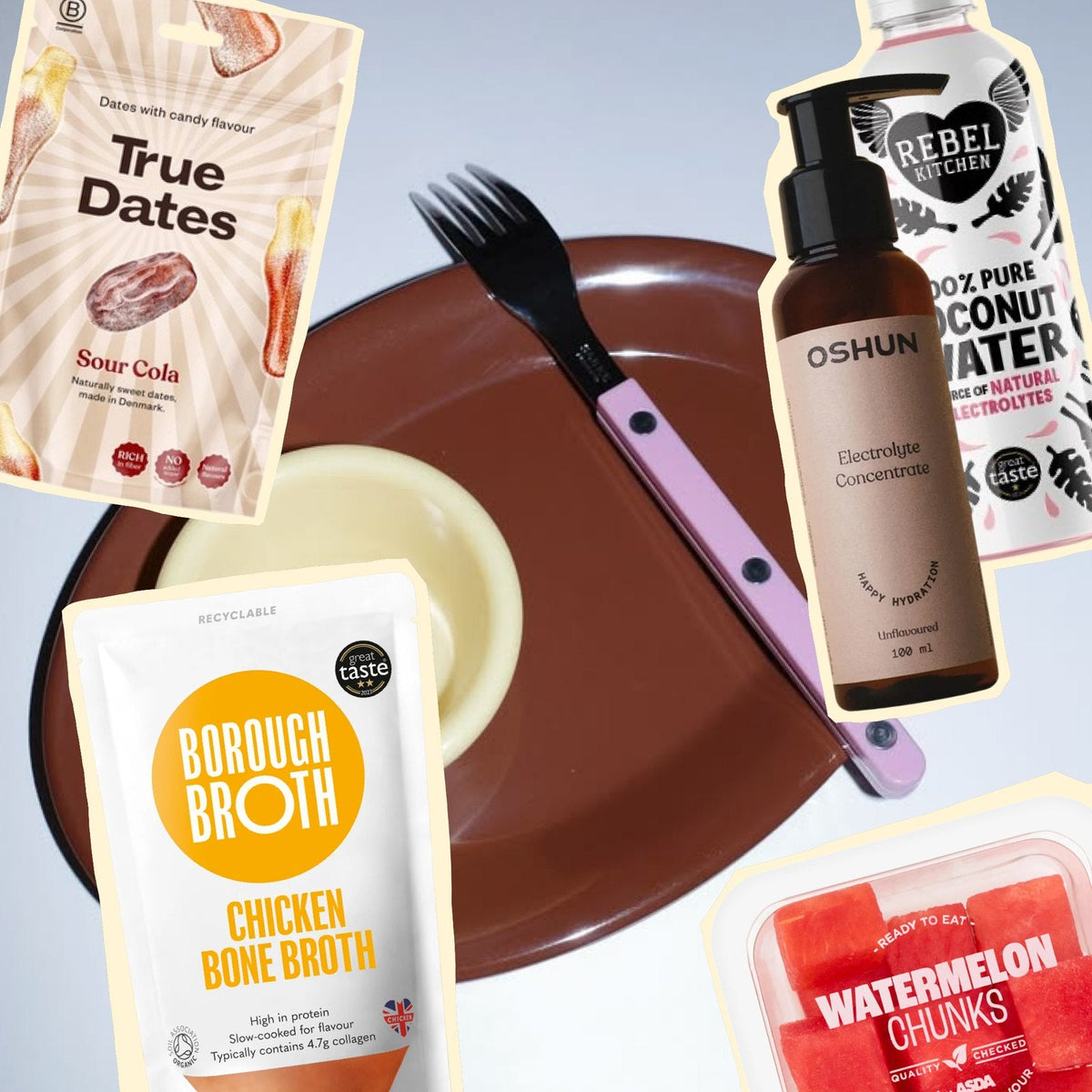 Labour bag snacks: True Dates sour cola dates, Borough Broth chicken bone broth, Oshun electrolytes, Rebel Kitchen coconut water and watermelon chunks