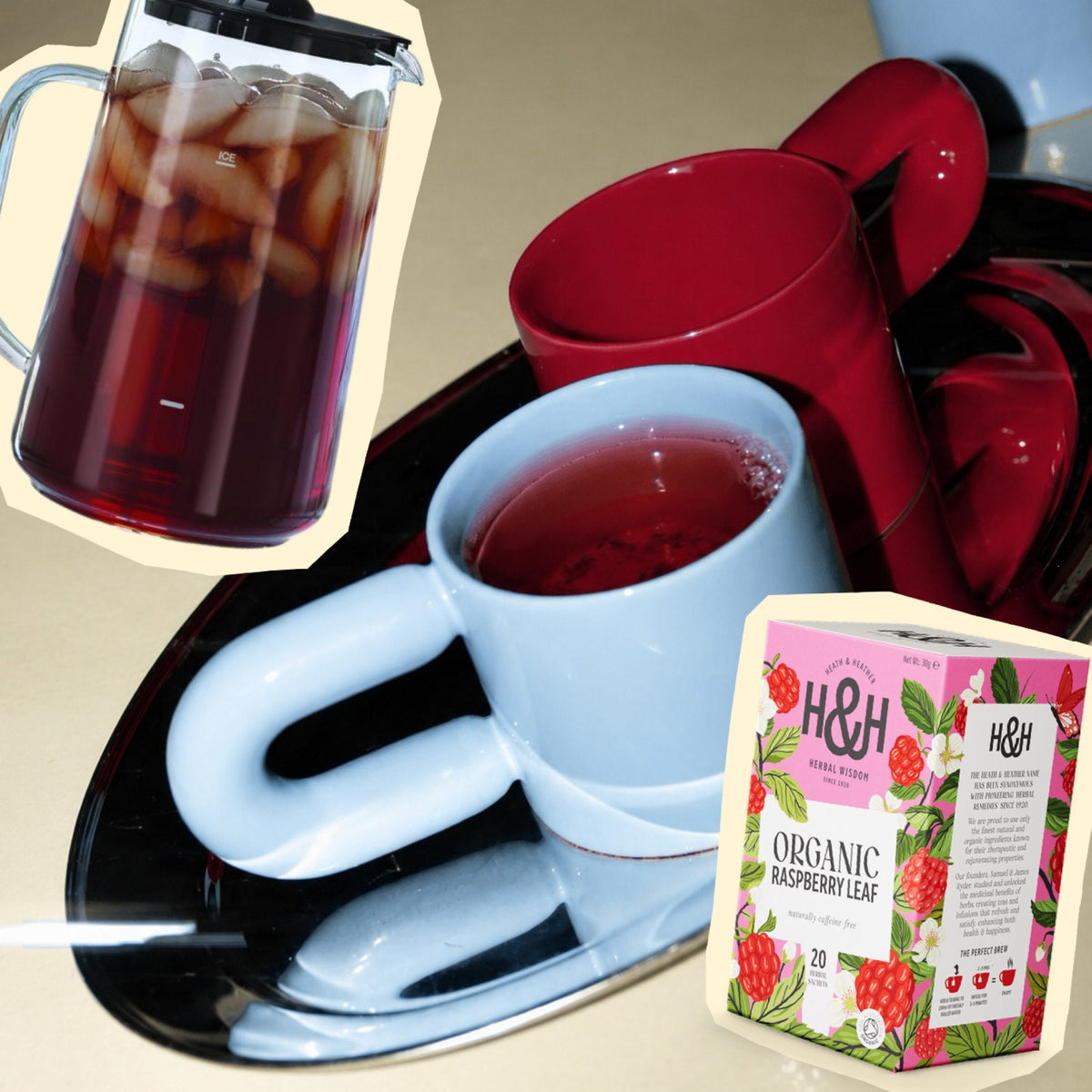 Raspberry leaf tea for pregnancy: iced raspberry leaf tea in a glass jug, a hot cup in a blue mug and a box of organic raspberry leaf tea