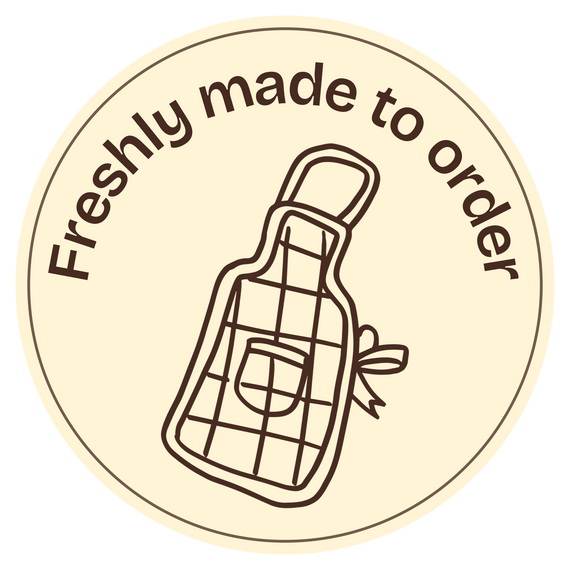 Freshly made to order badge with an illustrated gingham apron