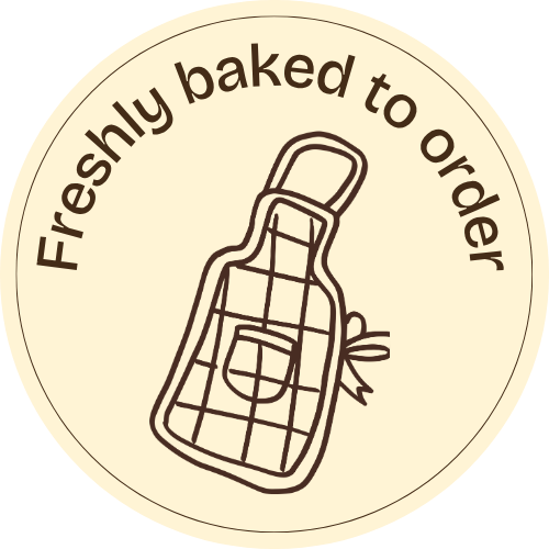 Sticker that says freshly baked to order with an illustrated gingham apron