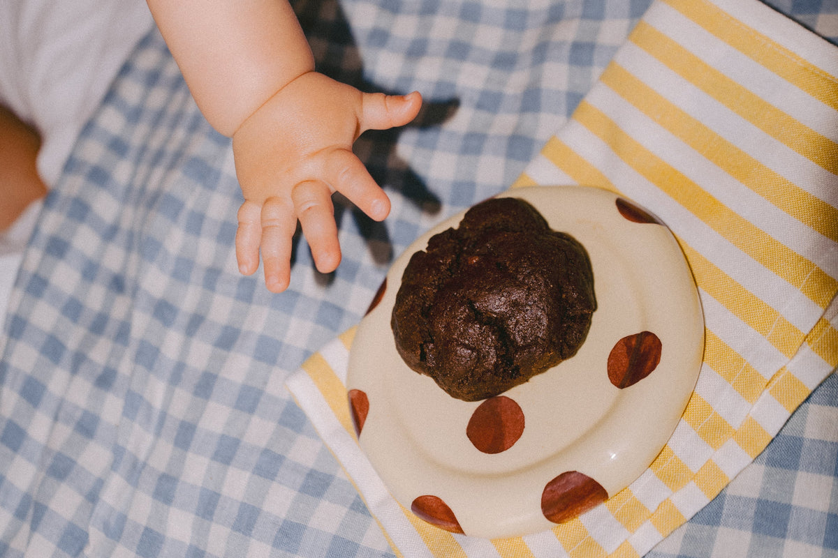 A baby's hand reaches toward a chocolate lactation support cookie on a patterned plate, placed on a yellow and white striped napkin over a blue and white checkered blanket.