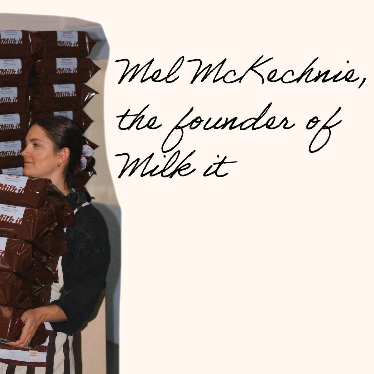 Luminary Mothers feature: Mel Mckechnie, founder of Milk it, carrying stacks of Milk it cookie packs