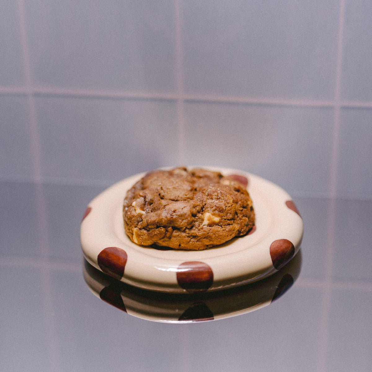 A single baked gluten-free lactation support cookie sits on a small white plate with brown polka dots, placed on a reflective dark surface against a pale tiled background.