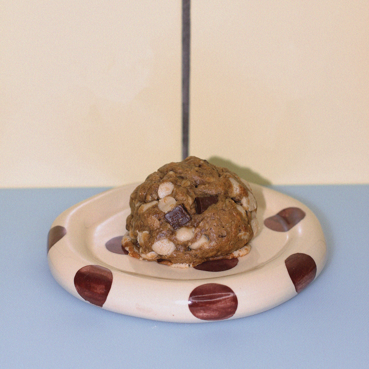 brown sugar vegan lactation cookie with oat blonde and dark chocolate against a butter yellow tiled wall.