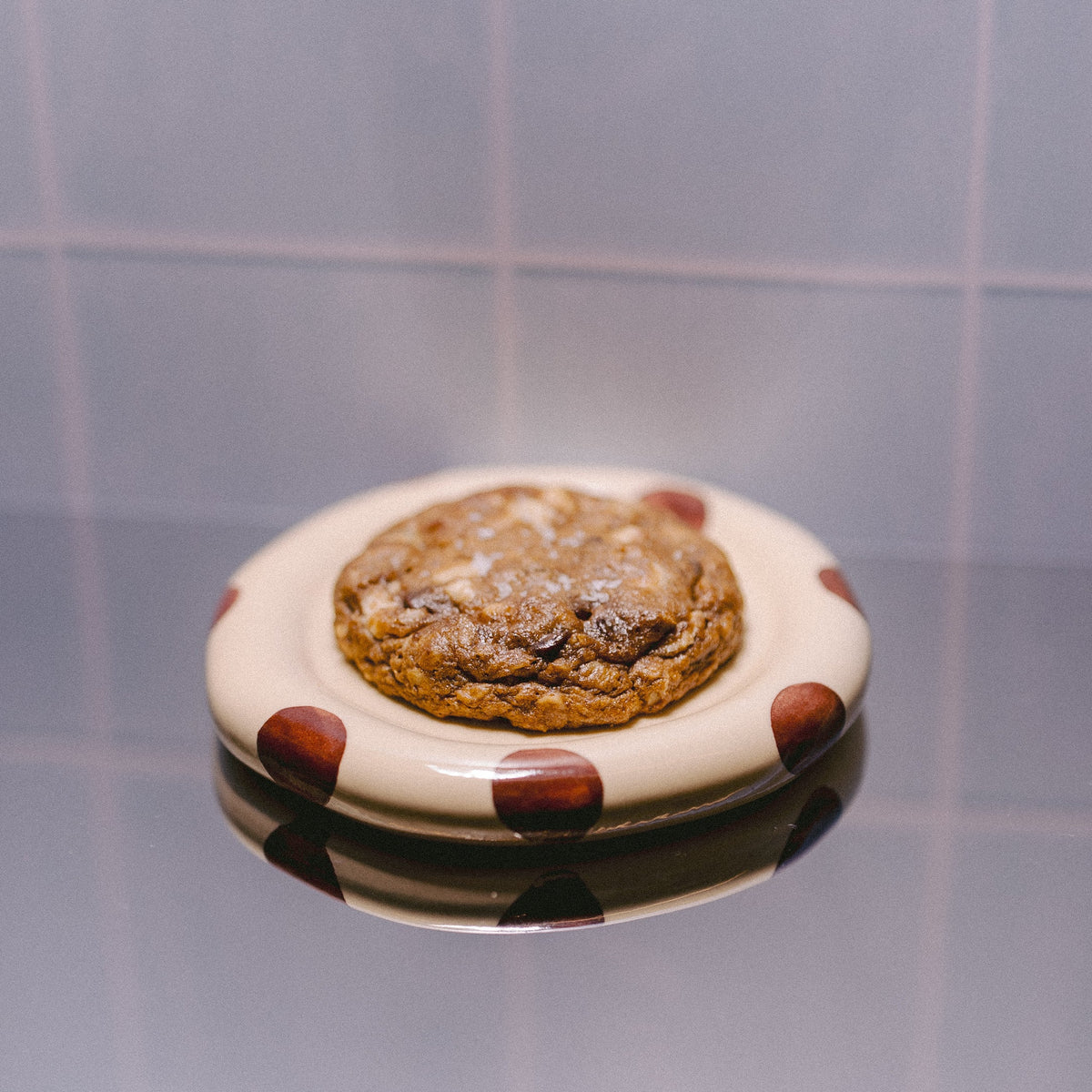 A single baked vegan lactation support cookie sits on a small white plate with brown polka dots, placed on a reflective surface against a pale tiled background.