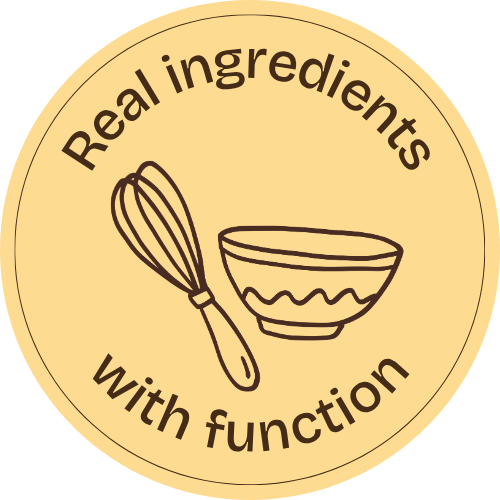 Sticker that says real ingredients with function, with an illustration of a whisk and mixing bowl